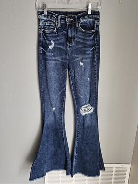 Flying Monkey Dark Blue Distressed Extreme Flare High Rise Jeans 24